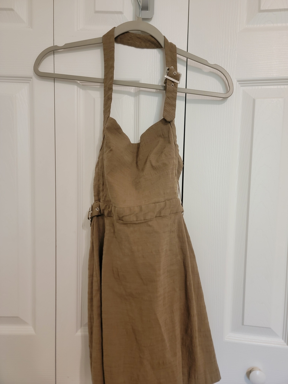 Zara Tan Linen Apron Dress with Buckle Straps